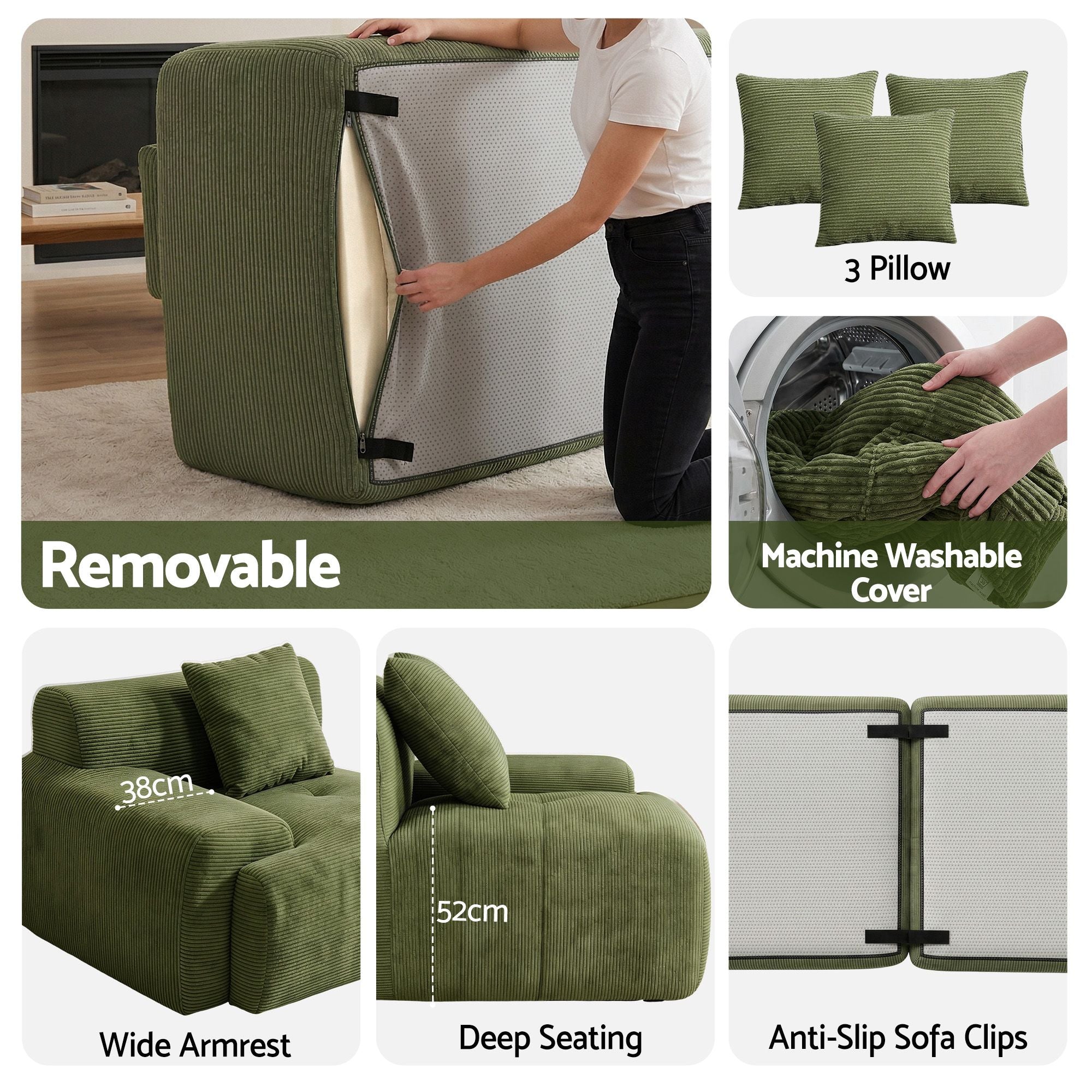 Artiss 300cm Modular Sofa Bed Comfort L-Shaped Sectional Boneless Couch Green-Furniture > Sofas > Sofas & Sofa Beds-PEROZ Accessories