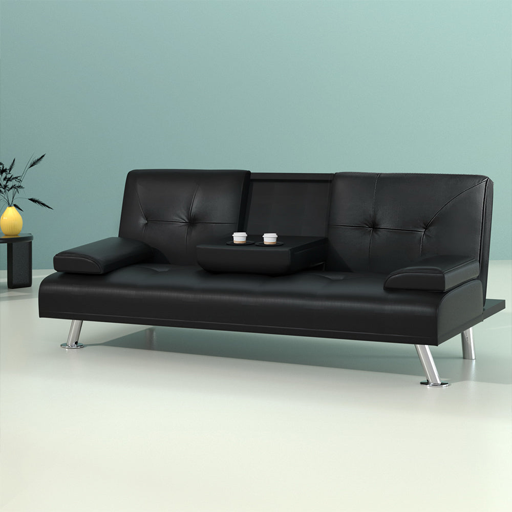 Artiss Sofa Bed Lounge Convertible Leather Couch Bed 3 Seater Cupholder Recliner-Furniture > Sofas-PEROZ Accessories