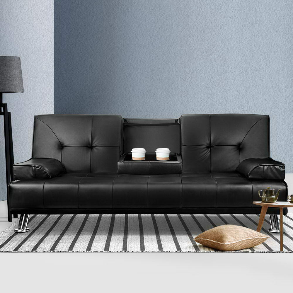 Artiss Sofa Bed Lounge Convertible Leather Couch Bed 3 Seater Cupholder Recliner-Furniture > Sofas-PEROZ Accessories