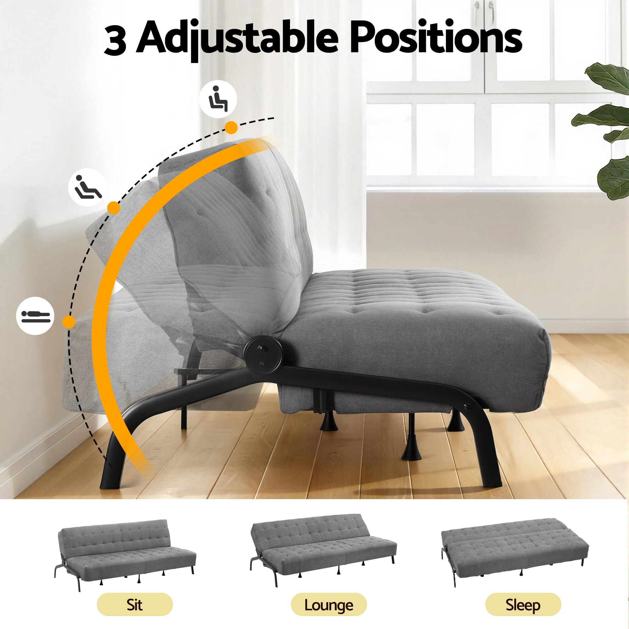 Artiss Sofa Bed, 1.9m 3-Seater Soft Innerspring Adjustable Couch Futon Chair for Apartment Dorm Living Room Office Study Bedroom, Grey-Furniture > Sofas > Sofas & Sofa Beds-PEROZ Accessories