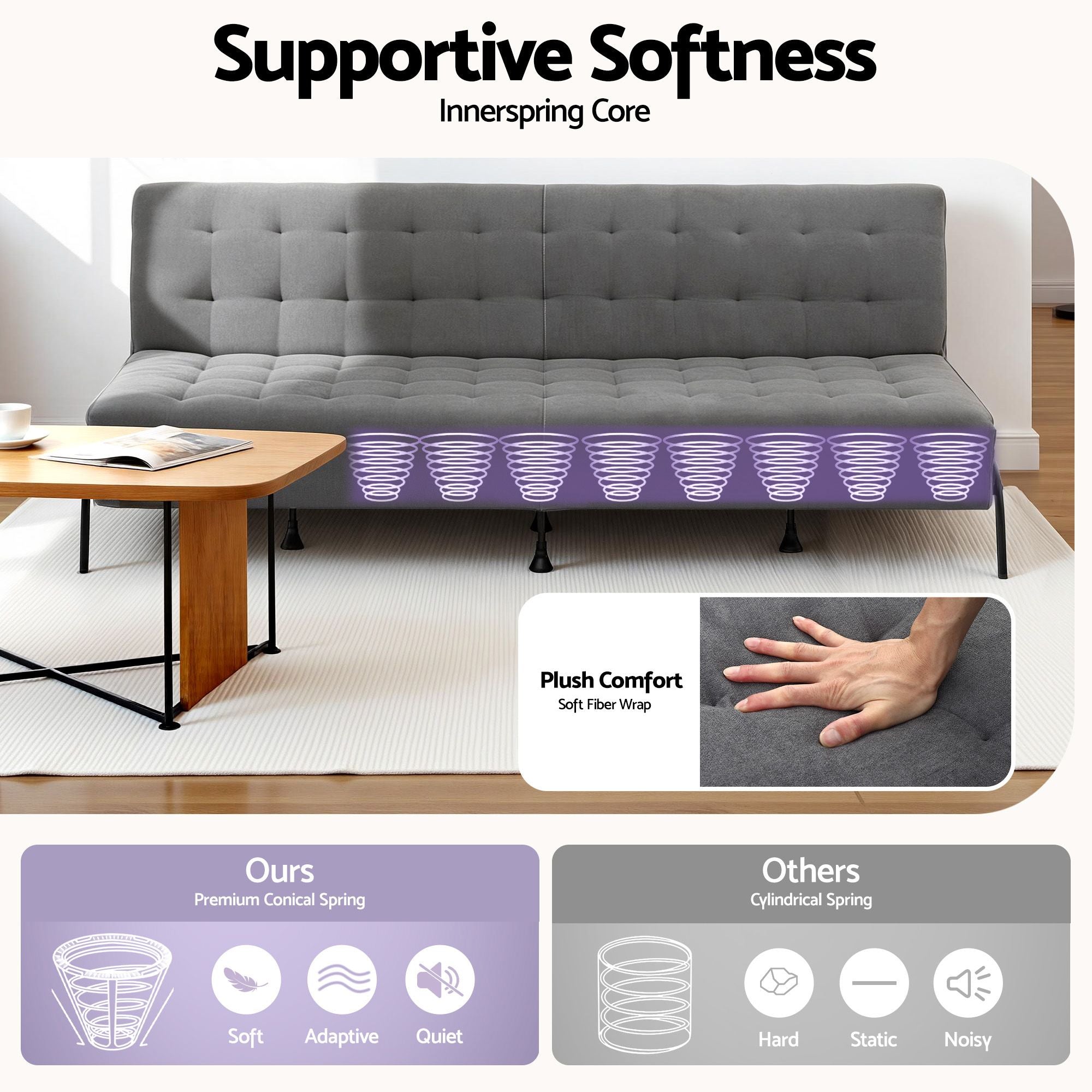 Artiss Sofa Bed, 1.9m 3-Seater Soft Innerspring Adjustable Couch Futon Chair for Apartment Dorm Living Room Office Study Bedroom, Grey-Furniture > Sofas > Sofas & Sofa Beds-PEROZ Accessories