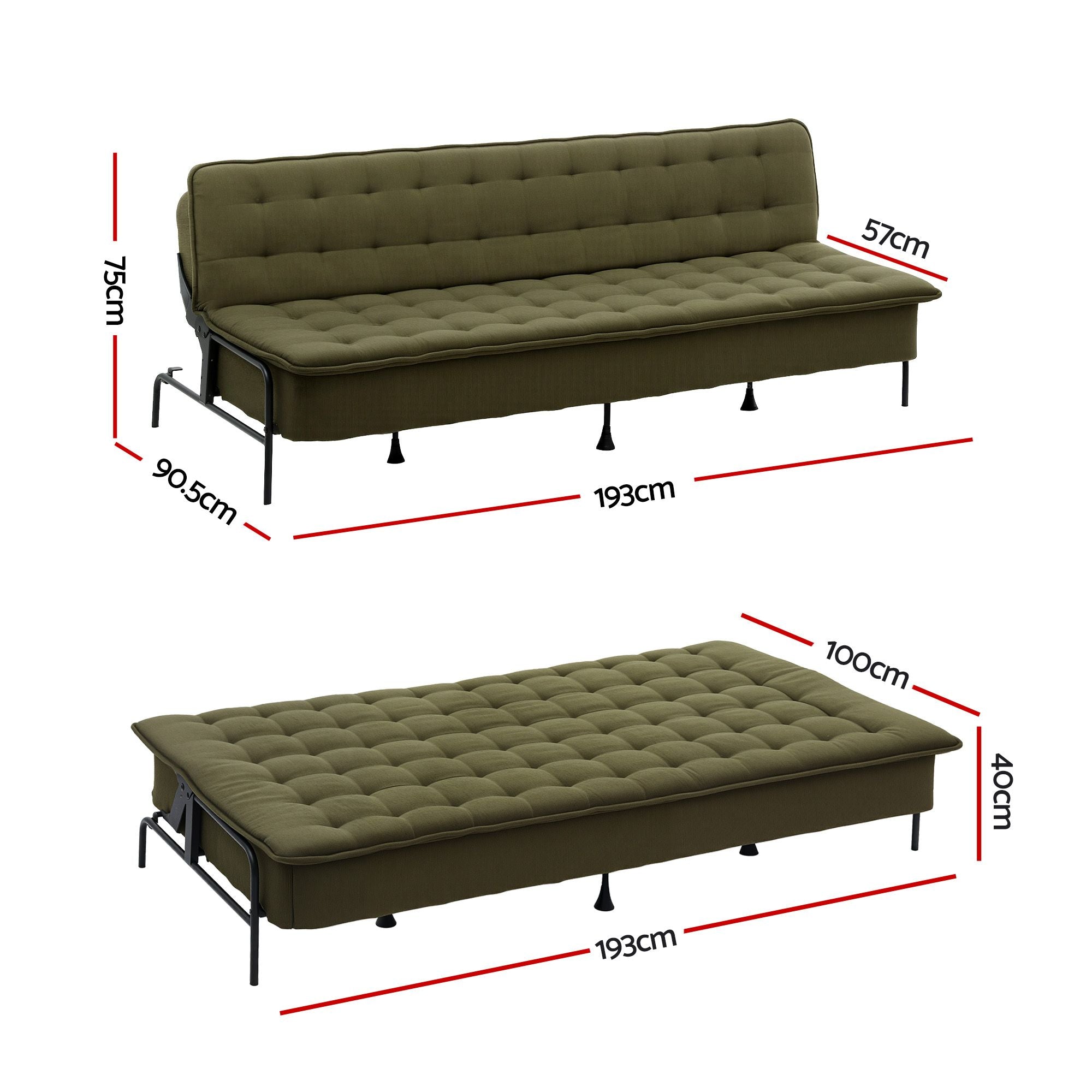 Artiss Sofa Bed, 1.9m 3-Seater Soft Innerspring Adjustable Couch Futon Chair for Apartment Dorm Living Room Office Study Bedroom, Green-Furniture > Sofas > Sofas & Sofa Beds-PEROZ Accessories
