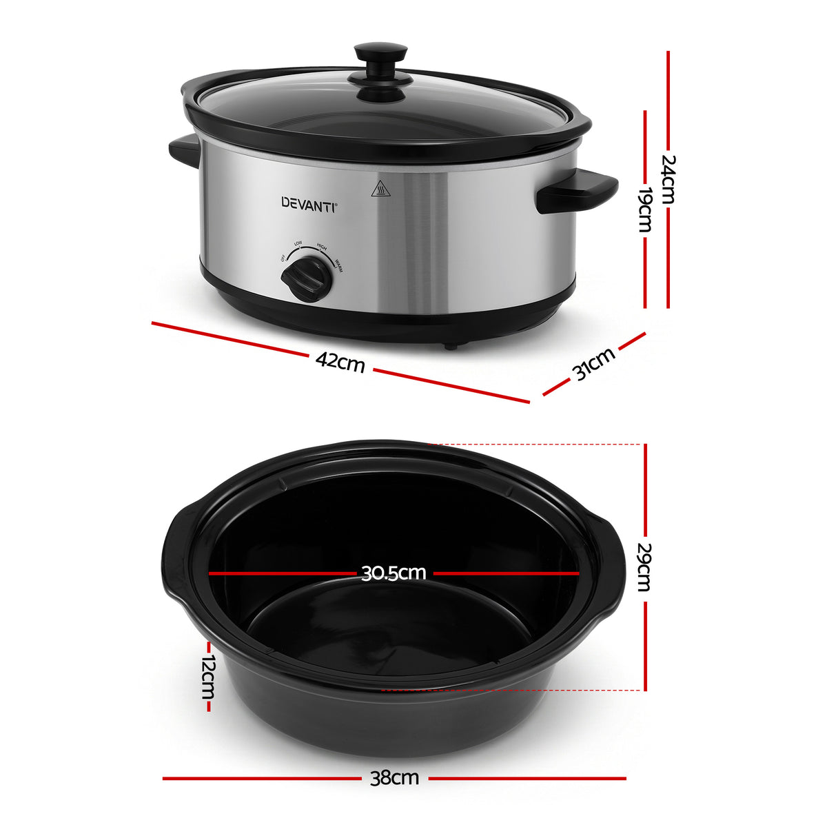 Devanti 6.5L Slow Cooker Electric Multi Cooker with 3 Heat Settings and Keep Warm Function-Appliances > Kitchen Appliances > Rice Cookers & Steamers-PEROZ Accessories