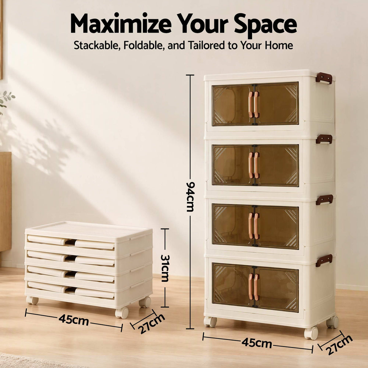 Artiss 4-Tier Foldable Storage Cabinet Stackable Box Clear Magnetic Door White-Home & Garden > Storage > Storage Boxes-PEROZ Accessories
