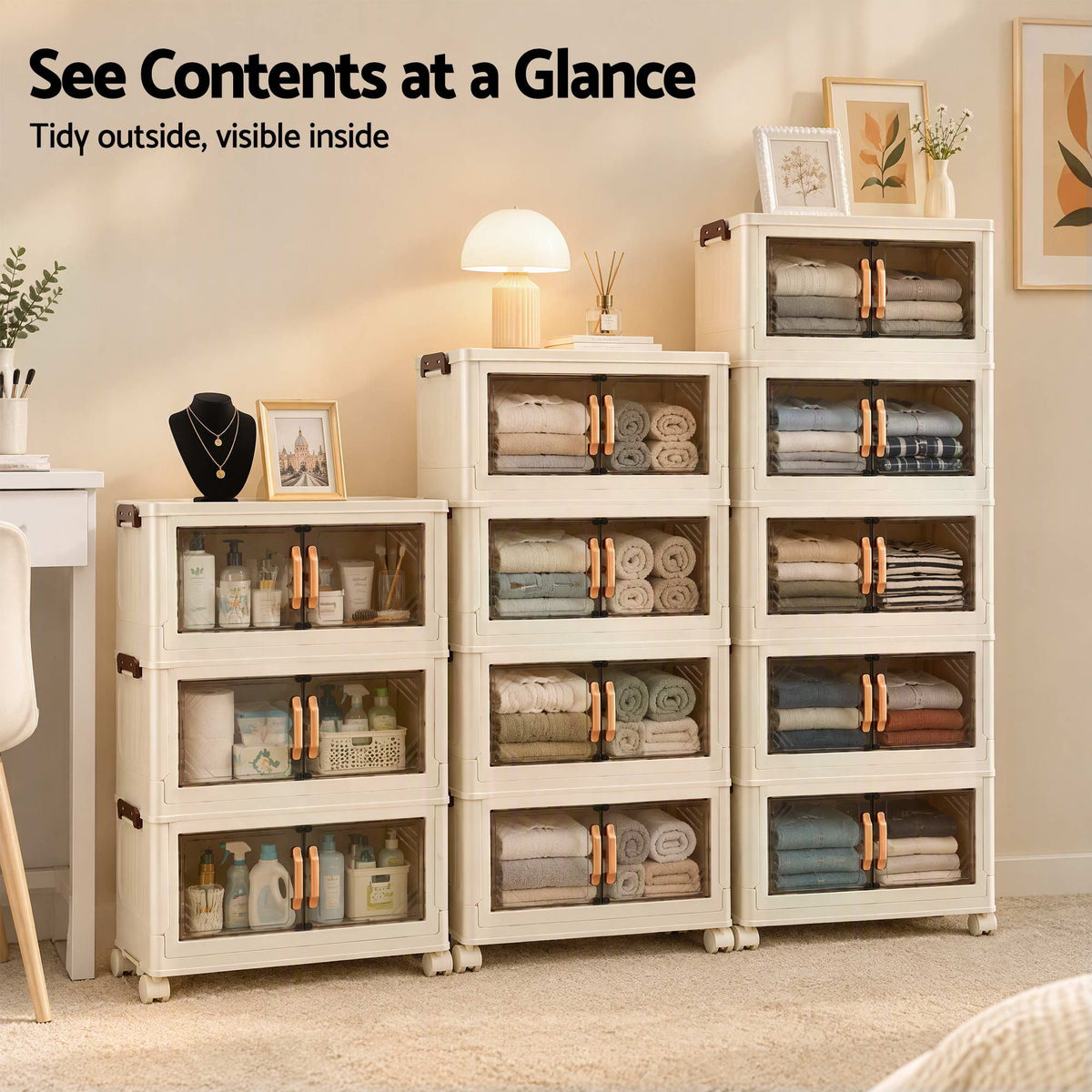 Artiss 4-Tier Foldable Storage Cabinet Stackable Box Clear Magnetic Door White-Home & Garden > Storage > Storage Boxes-PEROZ Accessories
