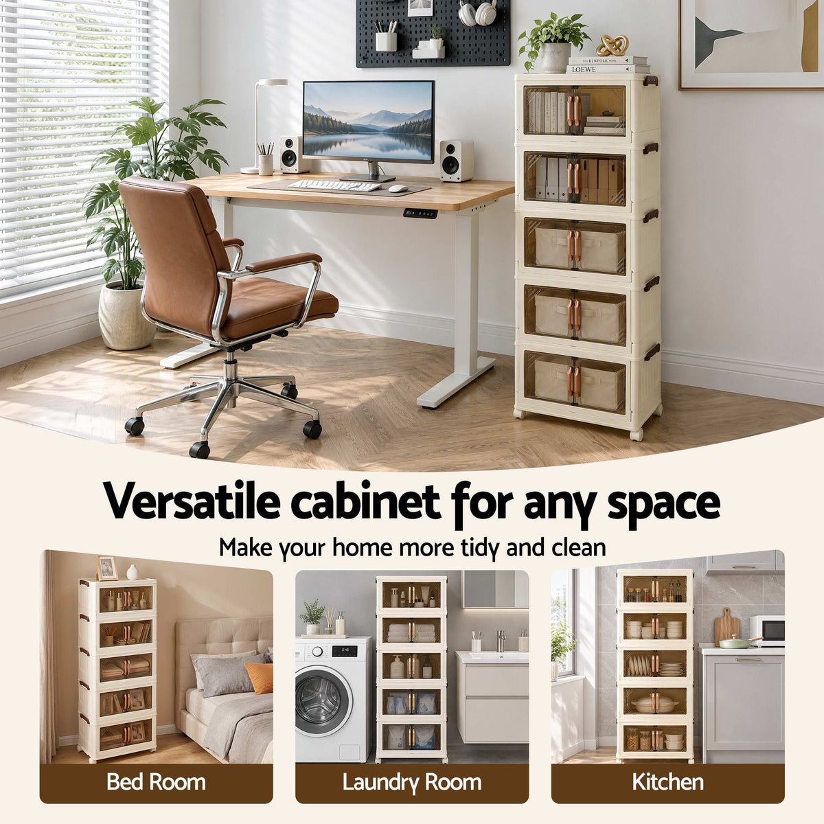 Artiss 5-Tier Foldable Storage Cabinet Stackable Box Clear Magnetic Door White-Home & Garden > Storage > Storage Boxes-PEROZ Accessories