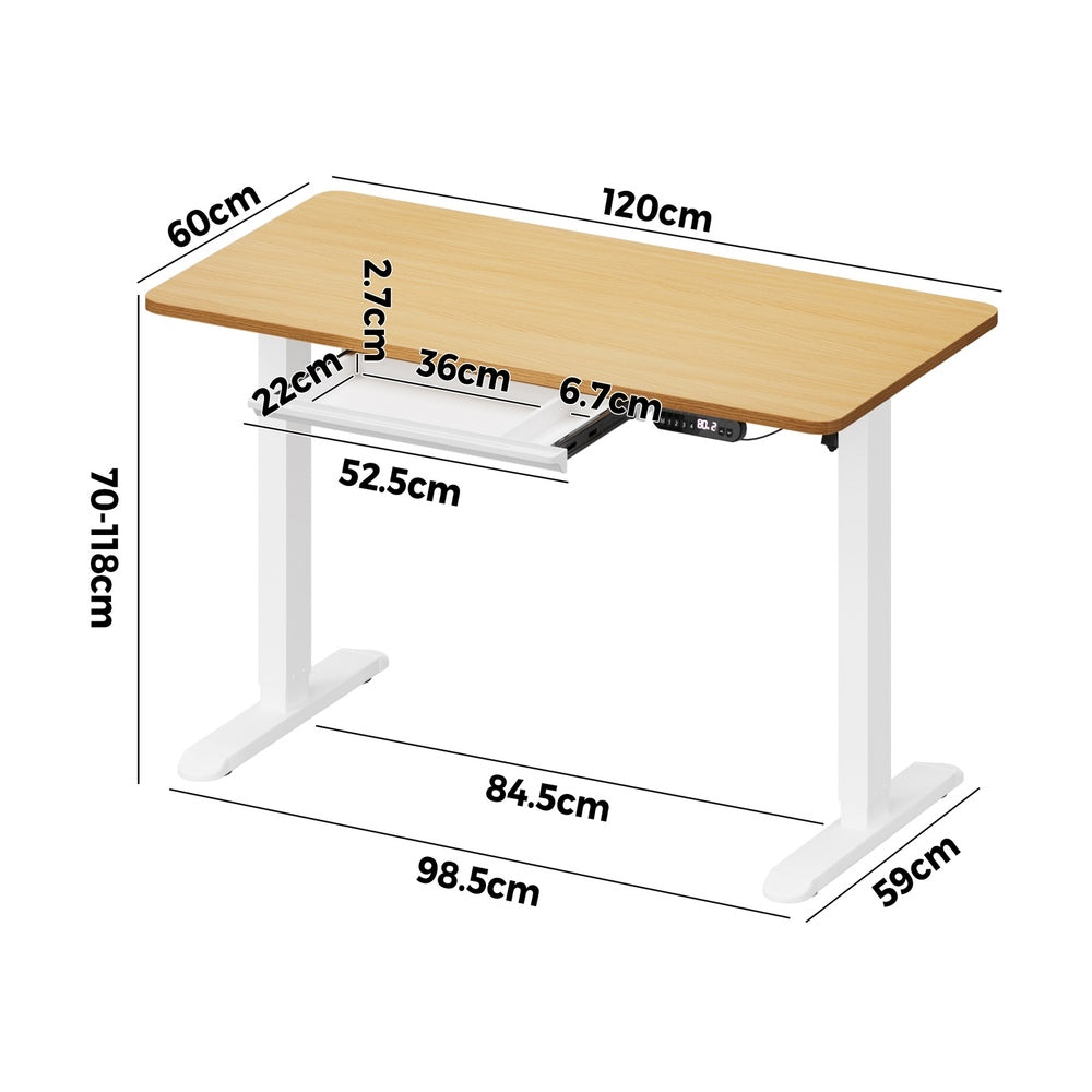 Oikiture 120CM Electric Standing Desk with Drawer Height Adjustable White & Oak-Standing Desk-PEROZ Accessories