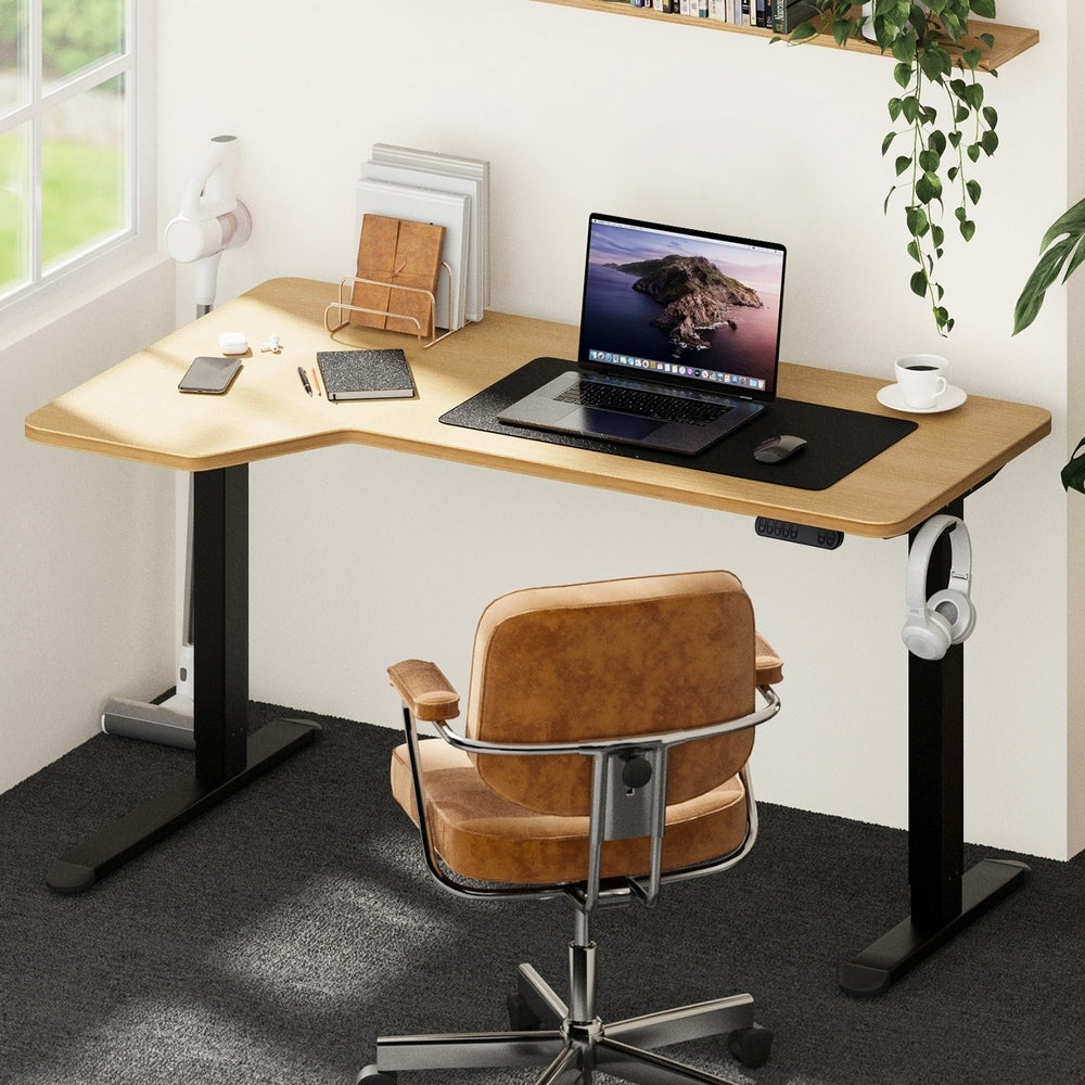 Oikiture L-shape Electric Standing Desk Single Motor 145CM Black & Oak-Standing Desk-PEROZ Accessories