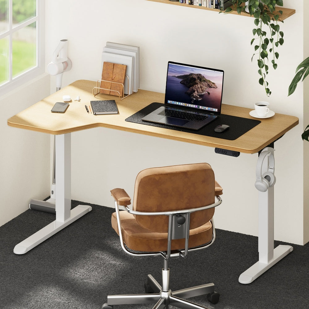 Oikiture L-shape Electric Standing Desk Single Motor 145CM White & Oak-Standing Desk-PEROZ Accessories