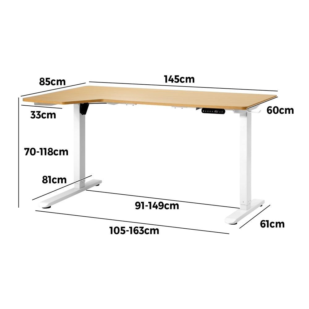 Oikiture L-shape Electric Standing Desk Single Motor 145CM White & Oak-Standing Desk-PEROZ Accessories