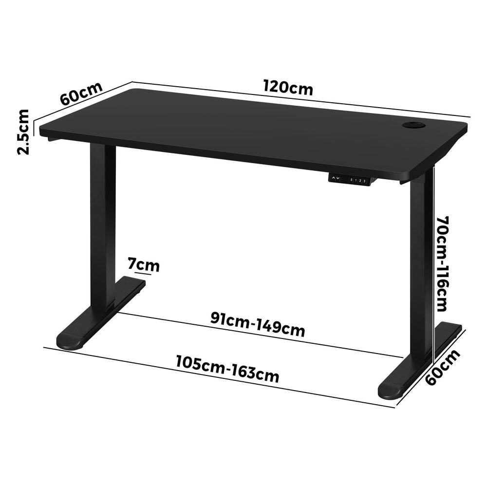 Oikiture Standing Desk Electric Height Adjustable Motorised Sit Stand Desk Rise - Black/Black - 1200mm x 600mm-Office Desks-PEROZ Accessories
