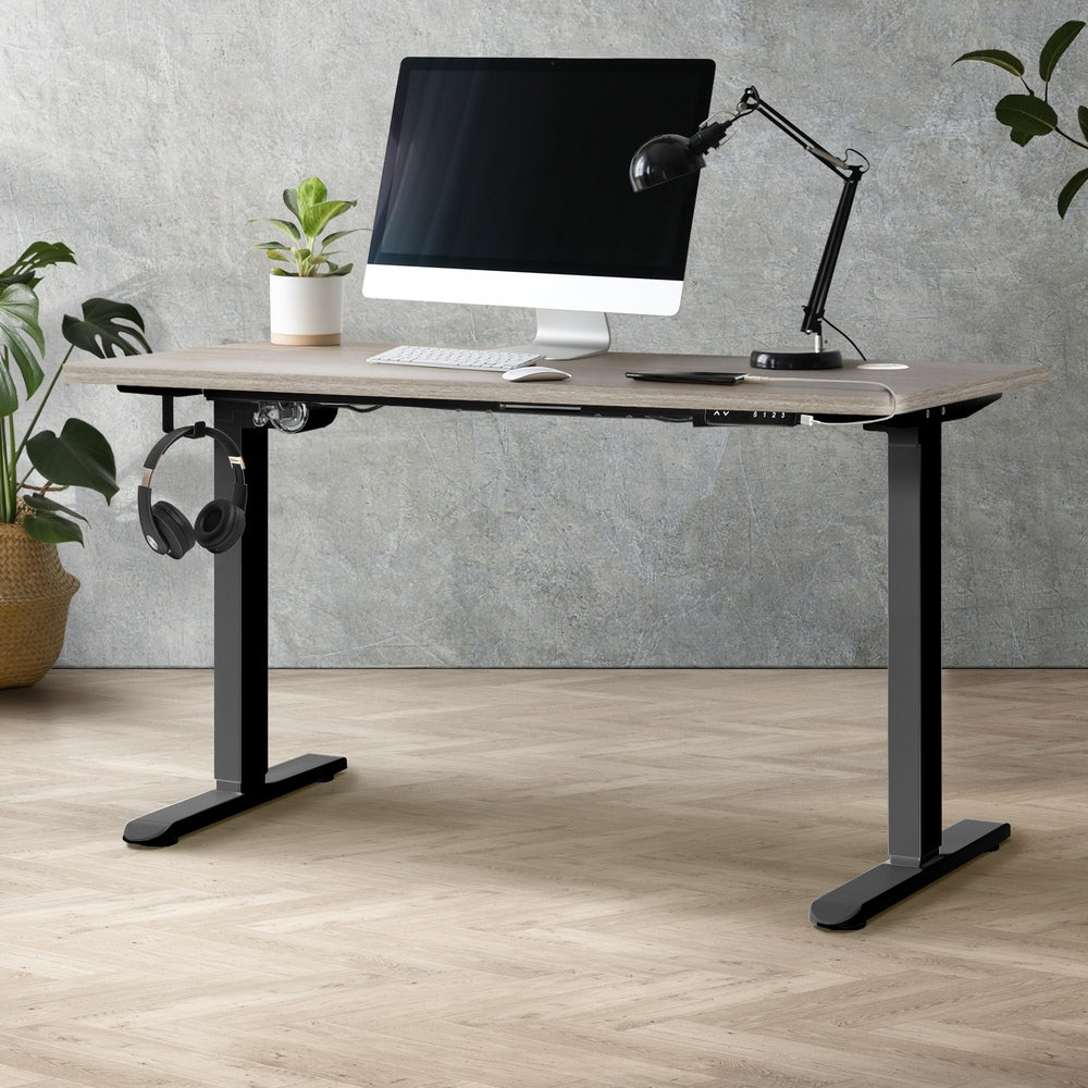 Oikiture 140cm Electric Standing Desk Single Motor Black & Grey-Oak-Standing Desk-PEROZ Accessories
