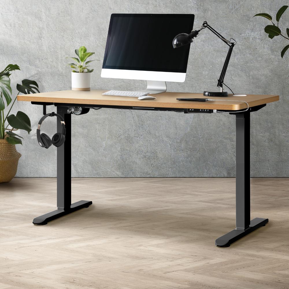 Oikiture Standing Desk Electric Height Adjustable Motorised Sit Stand Desk Rise - Black/Oak - 1400mm x 700mm-Standing Desks-PEROZ Accessories