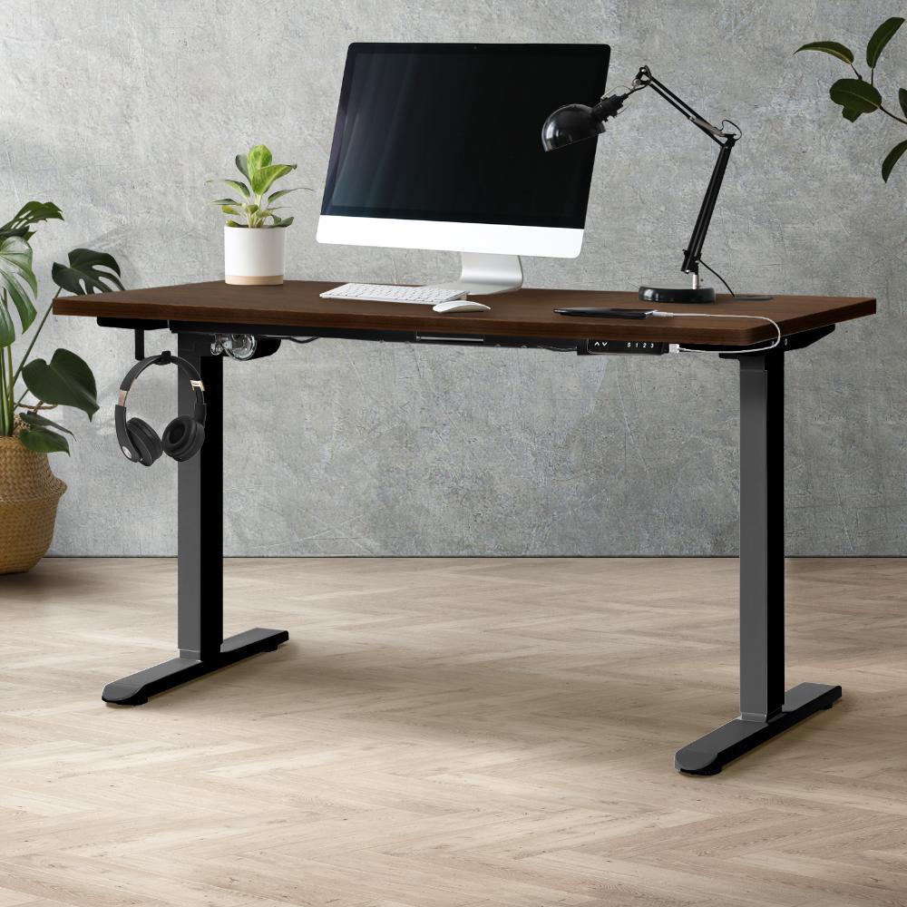 Oikiture Standing Desk Electric Height Adjustable Motorised Sit Stand Desk Rise - Black/Walnut - 1400mm x 700mm-Standing Desks-PEROZ Accessories