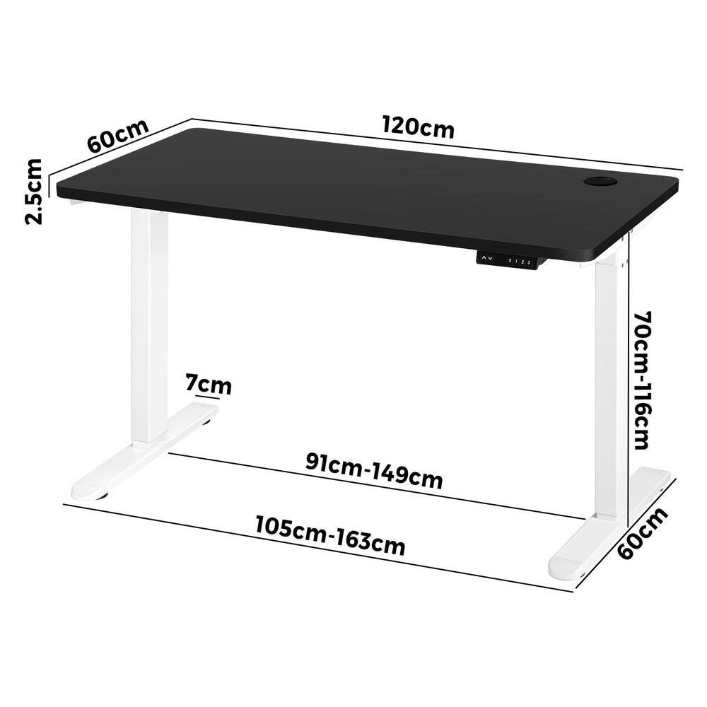Oikiture Standing Desk Electric Height Adjustable Motorised Sit Stand Desk Rise - White/Black - 1200mm x 600mm-Office Desks-PEROZ Accessories