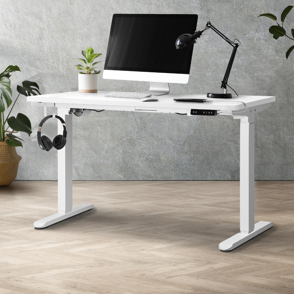 Oikiture Standing Desk Electric Height Adjustable Motorised Sit Stand Desk Rise - White/White - 1200mm x 600mm-Standing Desks-PEROZ Accessories