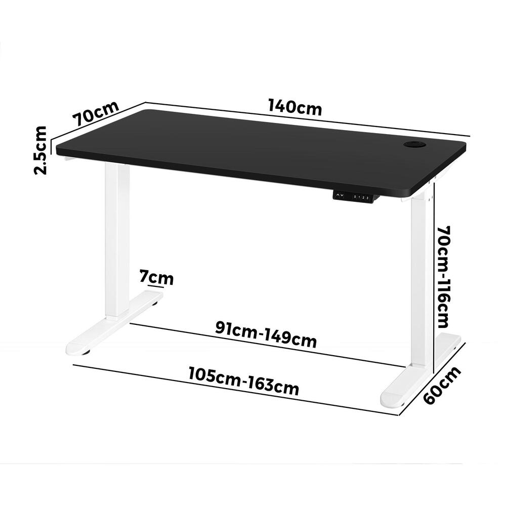 Oikiture Standing Desk Electric Height Adjustable Motorised Sit Stand Desk Rise - White/Black - 1400mm x 700mm-Office Desks-PEROZ Accessories