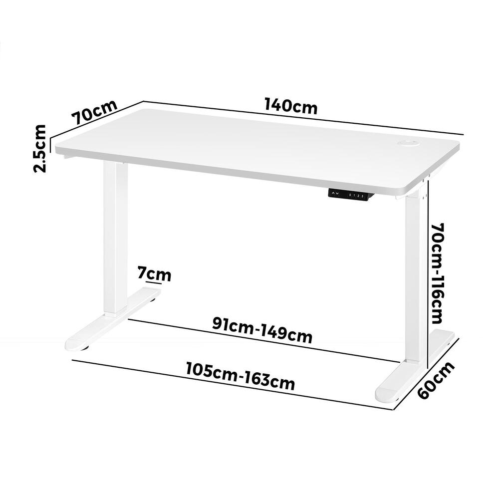 Oikiture Standing Desk Electric Height Adjustable Motorised Sit Stand Desk Rise - White/White - 1400mm x 700mm-Office Desks-PEROZ Accessories