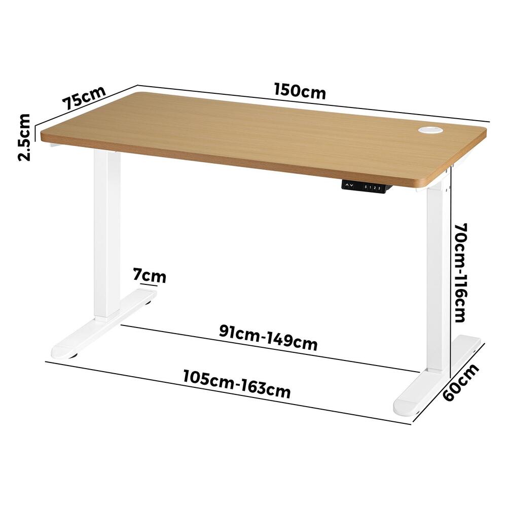 Oikiture Standing Desk Electric Height Adjustable Motorised Sit Stand Desk Rise - White/Oak - 1500mm x 750mm-Office Desks-PEROZ Accessories