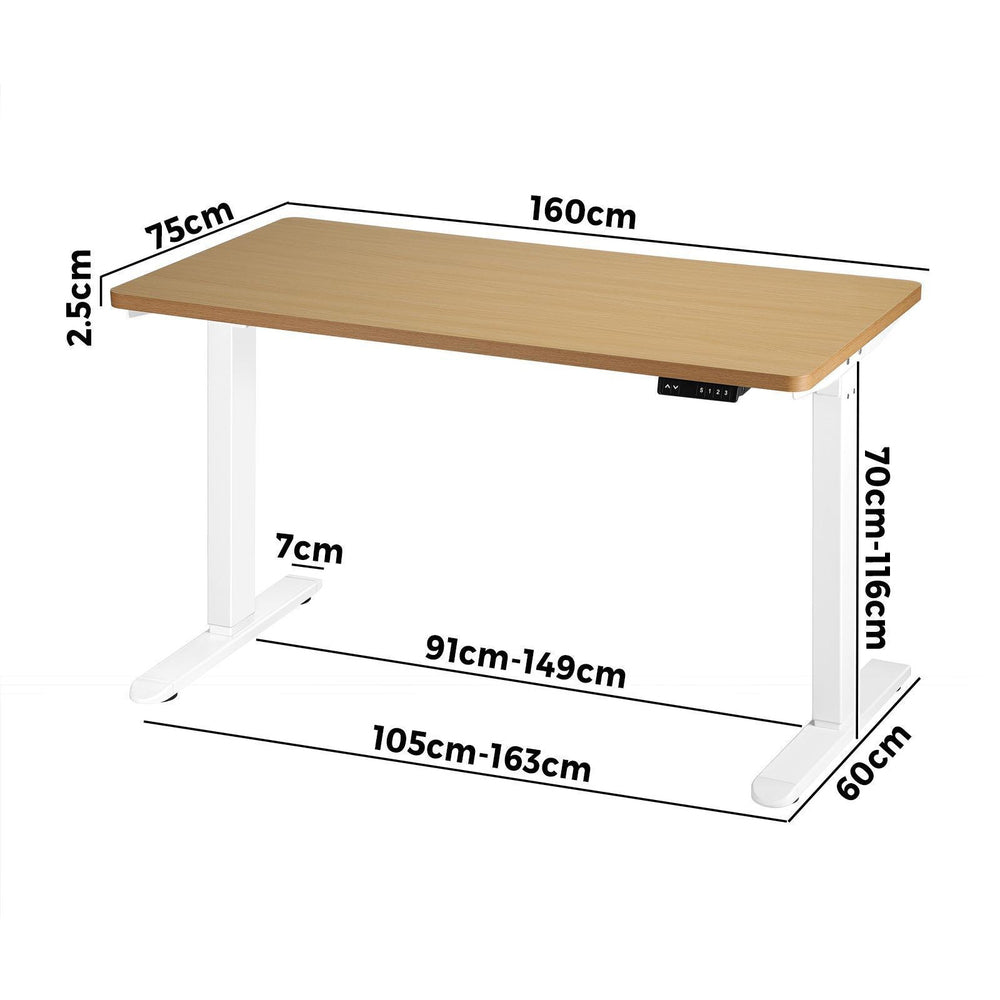 OIKITURE Sit Stand Desk Motorised Standing Desk Adjustable Table 160cm Lenght White and Oak-Office Desks-PEROZ Accessories