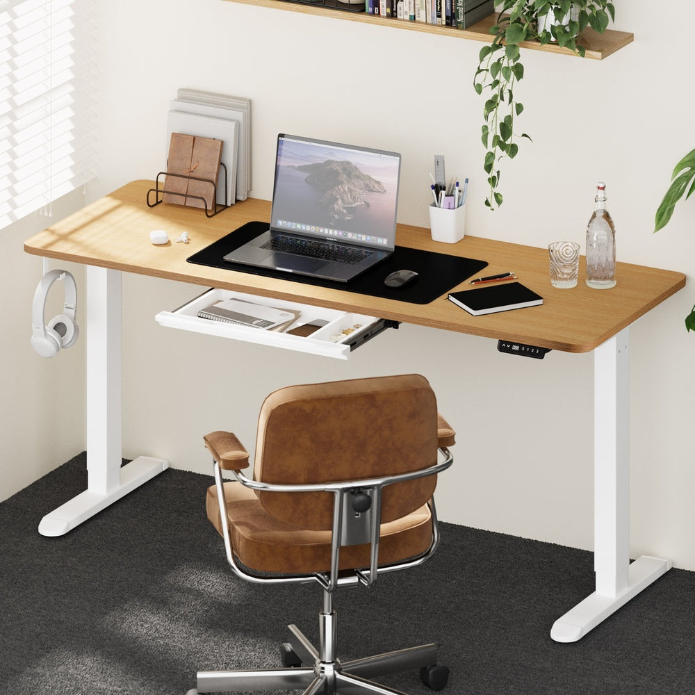 Oikiture 160cm Standing Desk With Drawer Motorized Adjustable White-Standing Desk-PEROZ Accessories