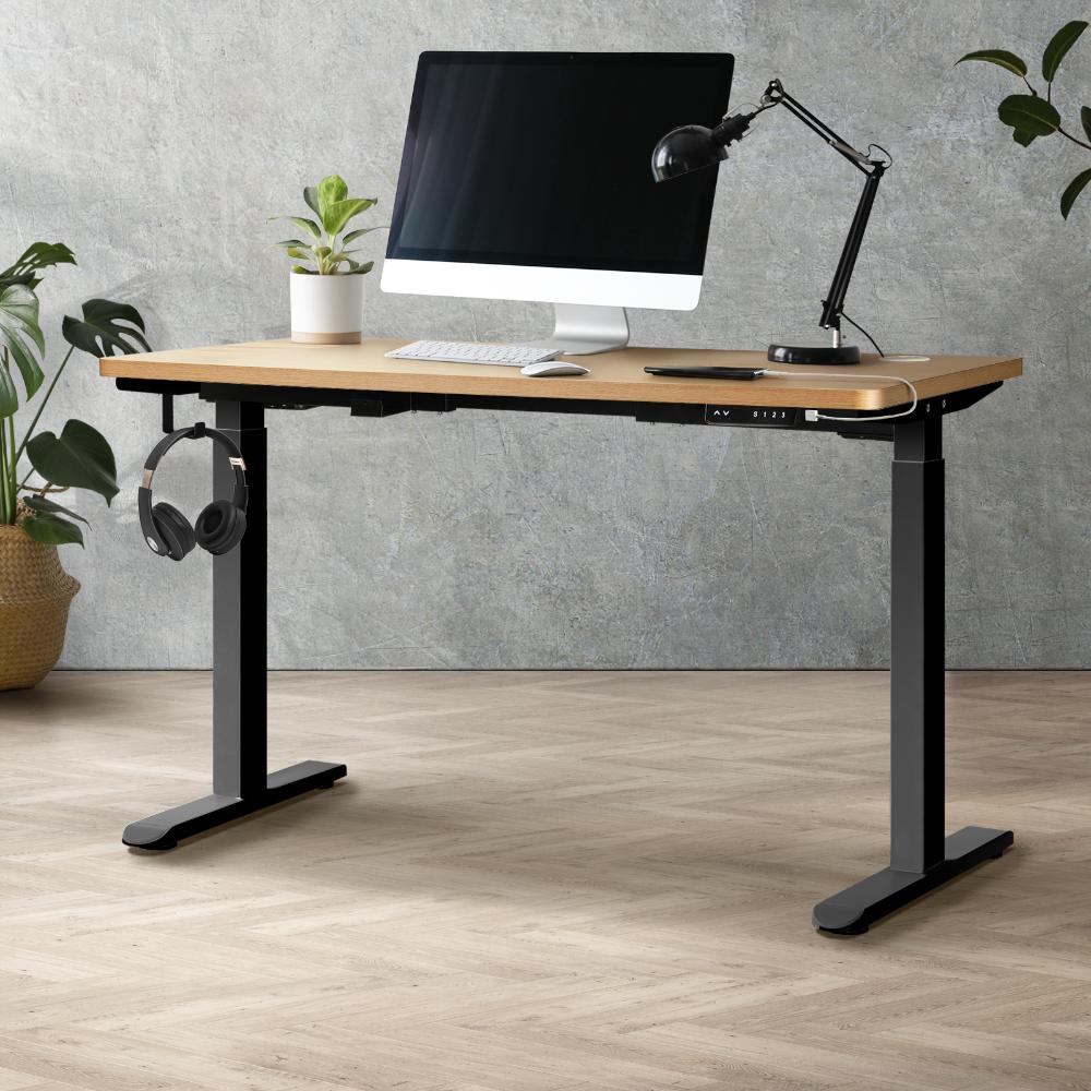 Oikiture Standing Desk Dual Motor Electric Height Adjustable Sit Stand Table - Black/Oak - 1200mm x 600mm-Standing Desks-PEROZ Accessories