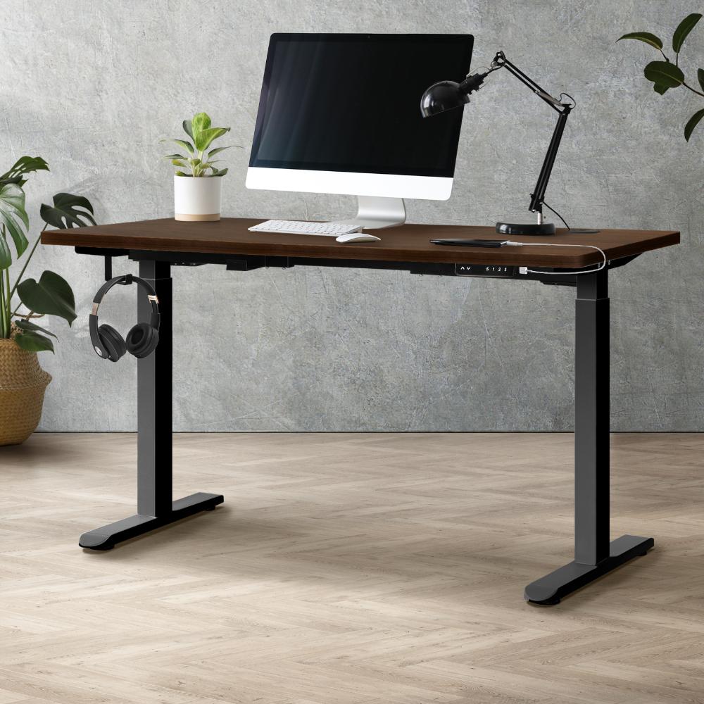 Oikiture Standing Desk Dual Motor Electric Height Adjustable Sit Stand Table - Black/Walnut - 1400mm x 700mm-Standing Desks-PEROZ Accessories
