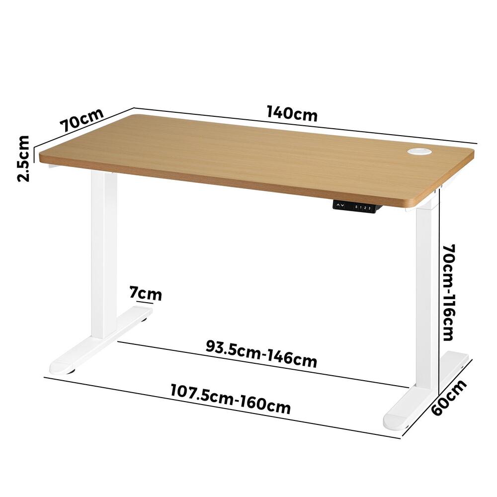 Oikiture Standing Desk Dual Motor Electric Height Adjustable Sit Stand Table - White/Oak - 1400mm x 700mm-Office Desks-PEROZ Accessories