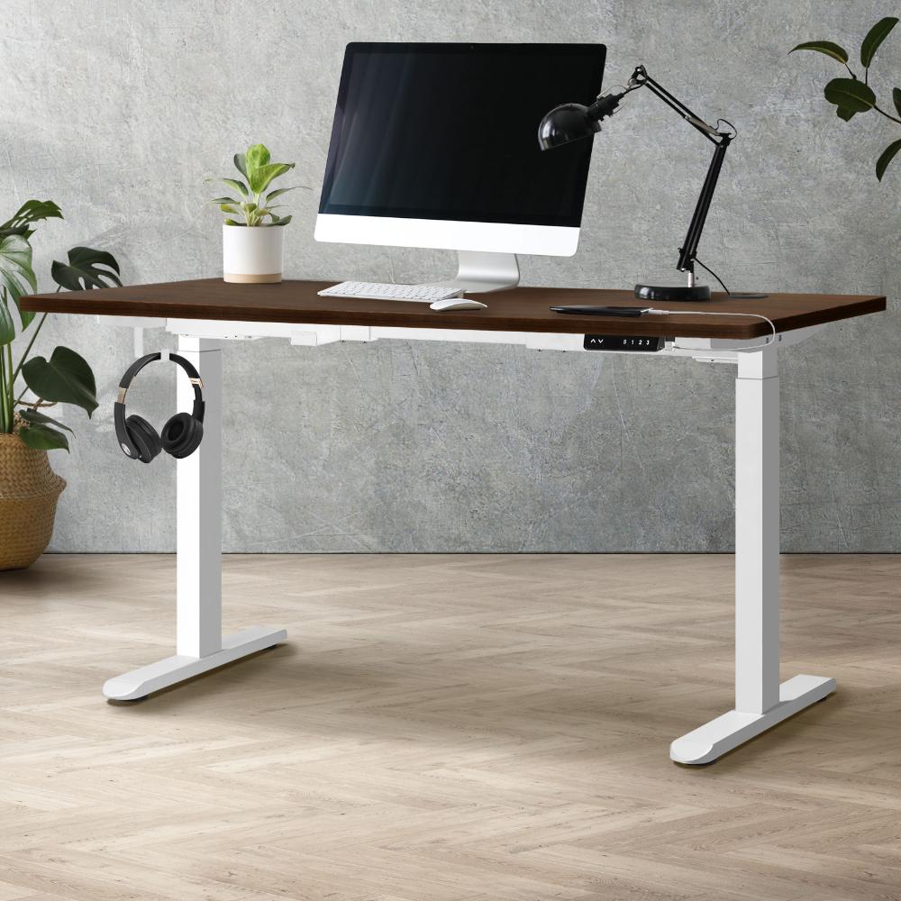 Oikiture Standing Desk Electric Height Adjustable Motorised Sit Stand Desk Rise - White/Walnut - 1500mm x 750mm-Standing Desks-PEROZ Accessories
