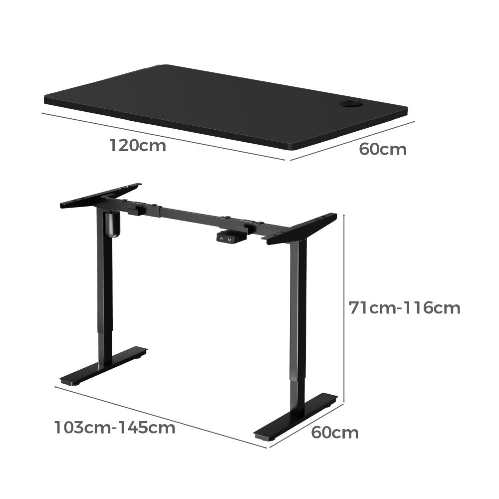 Oikiture Electric Standing Desk Single Motor Height Adjustable Sit Stand Table - Black/Black - 1200mm x 600mm-Standing Desks-PEROZ Accessories