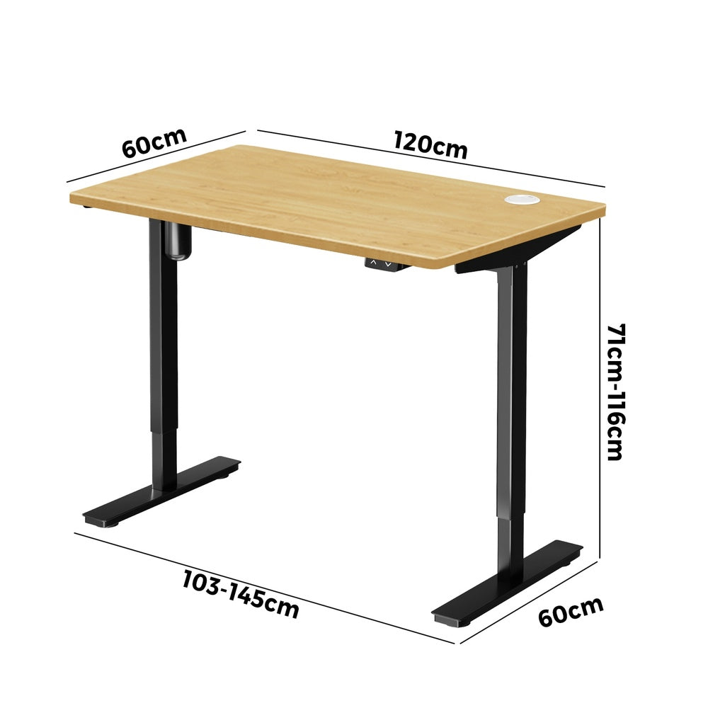 Oikiture Electric Standing Desk Single Motor Height Adjustable Sit Stand Table - Black/Oak - 1200mm x 600mm-Office Desks-PEROZ Accessories