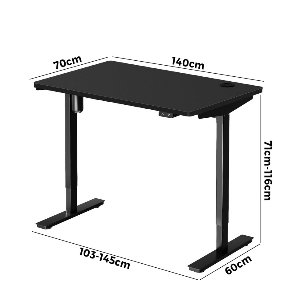 Oikiture Electric Standing Desk Single Motor Height Adjustable Sit Stand Table - Black/Black - 1400mm x 700mm-Office Desks-PEROZ Accessories