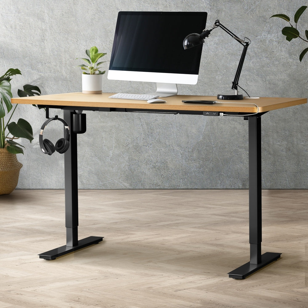 Oikiture Electric Standing Desk Single Motor Height Adjustable Sit Stand Table - Black/Oak - 1700mm x 750mm-Office Desks-PEROZ Accessories