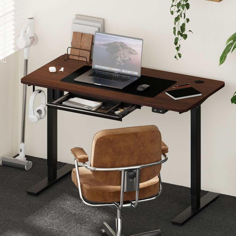 Oikiture 150cm Electric Standing Desk with Drawer Adjustable Black & Walnut-Standing Desk-PEROZ Accessories
