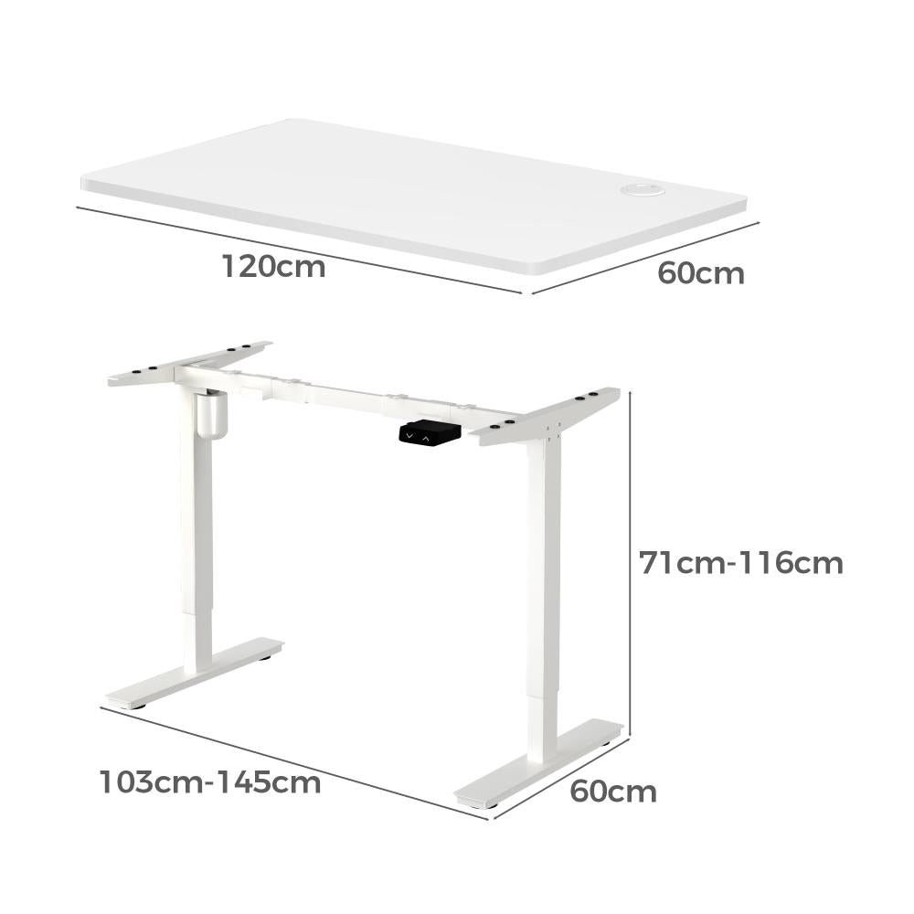 Oikiture Electric Standing Desk Single Motor Height Adjustable Sit Stand Table - White/White - 1200mm x 600mm-Standing Desks-PEROZ Accessories