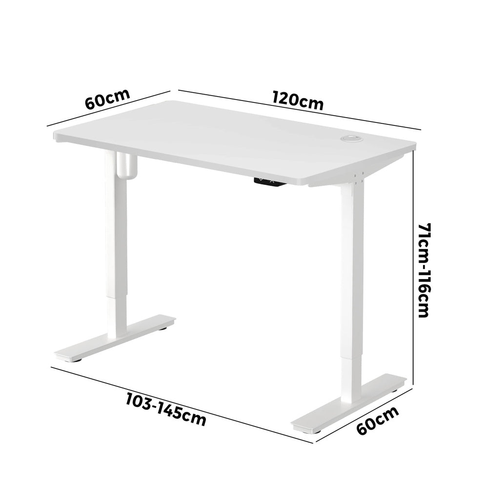 Oikiture Electric Standing Desk Single Motor Height Adjustable Sit Stand Table - White/White - 1200mm x 600mm-Office Desks-PEROZ Accessories