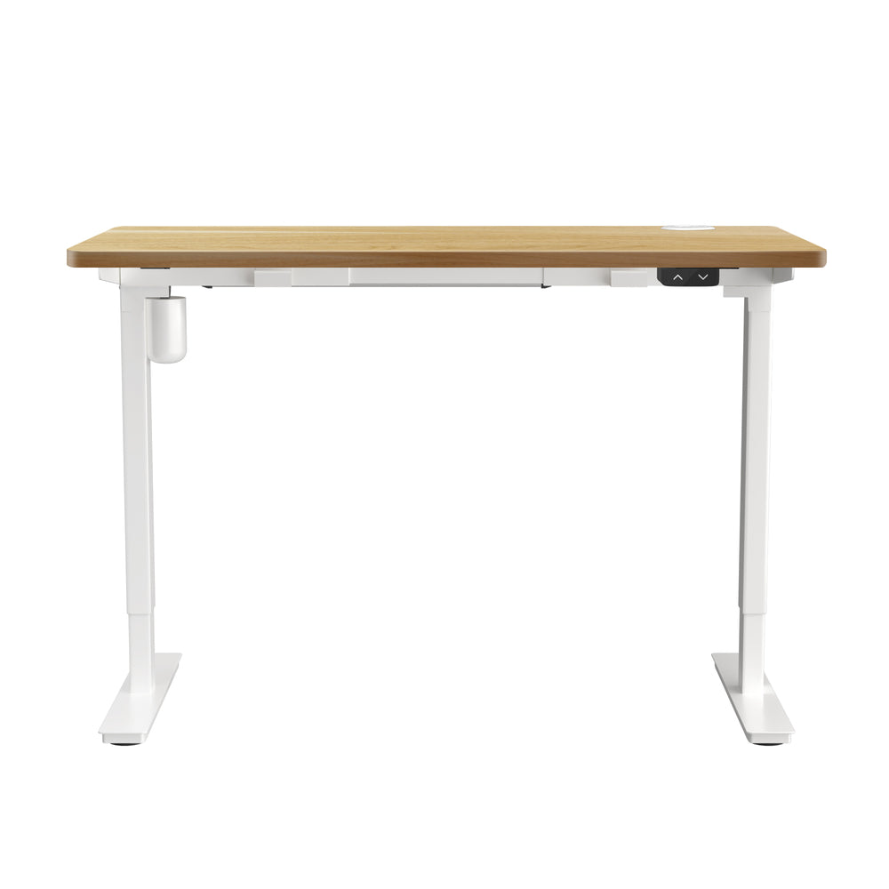 Oikiture Electric Standing Desk Single Motor Height Adjustable Sit Stand Table - White/Oak - 1400mm x 700mm-Office Desks-PEROZ Accessories