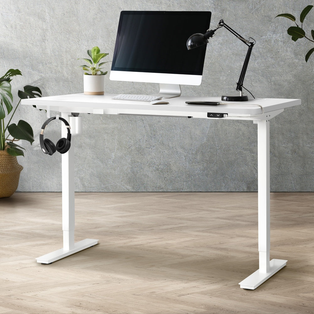Oikiture Electric Standing Desk Single Motor Height Adjustable Sit Stand Table - White/White - 1400mm x 700mm-Office Desks-PEROZ Accessories
