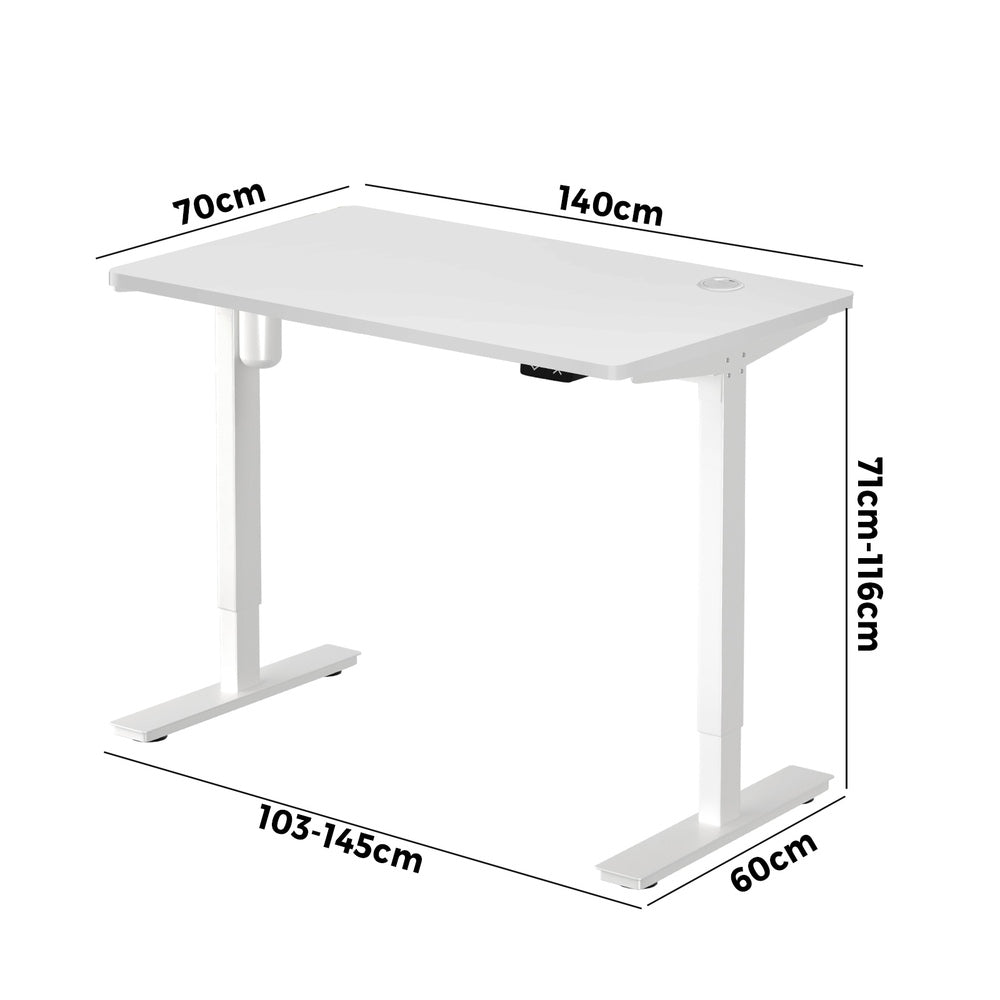 Oikiture Electric Standing Desk Single Motor Height Adjustable Sit Stand Table - White/White - 1400mm x 700mm-Office Desks-PEROZ Accessories
