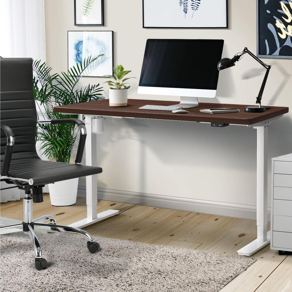 Oikiture Electric Standing Desk Single Motor Height Adjustable Sit Stand Table - White/Walnut - 1400mm x 700mm-Office Desks-PEROZ Accessories