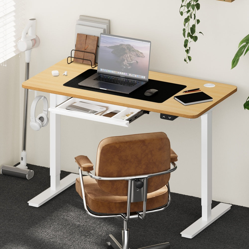 Oikiture 150cm Electric Standing Desk with Drawer Adjustable White & Oak-Standing Desk-PEROZ Accessories