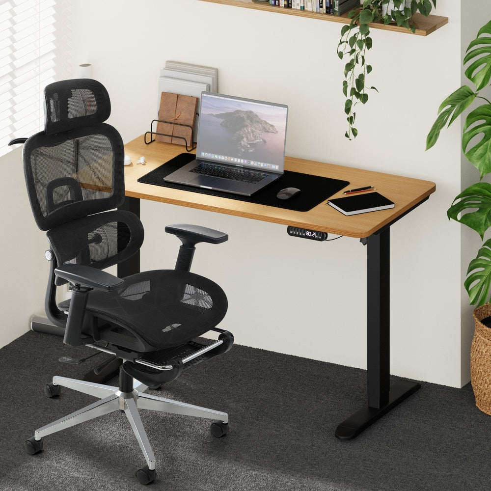 Oikiture Office Desk and Chair Set Mesh Ergonomic Chair Sit-stand Desk Black & Oak-Office Set-PEROZ Accessories