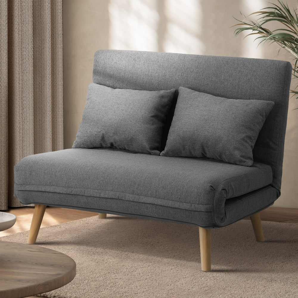 Oikiture Lounge Sofa Bed Linen Fabric Double Seat Grey-Folding Sofa Lounge-PEROZ Accessories
