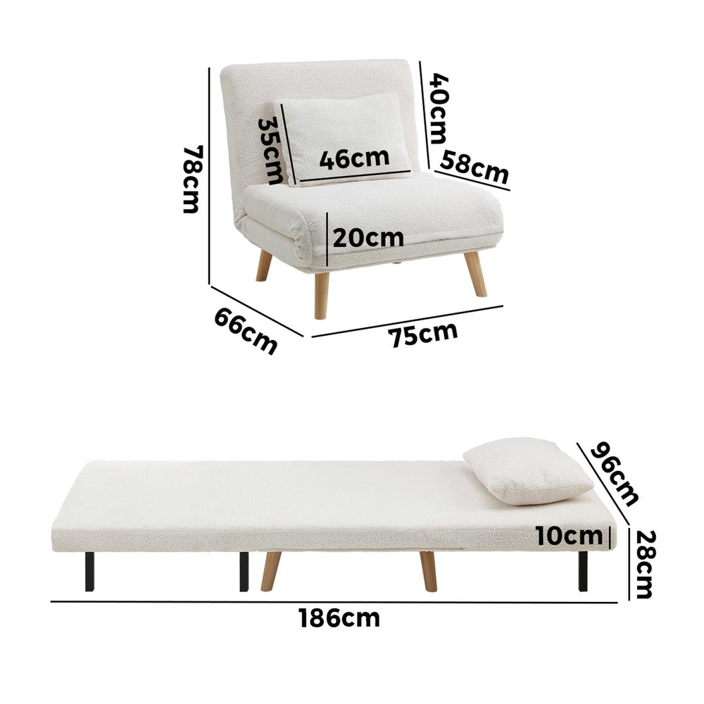 Oikiture Lounge Sofa Bed Sherpa Fabric Single Seat White-Folding Sofa Lounge-PEROZ Accessories