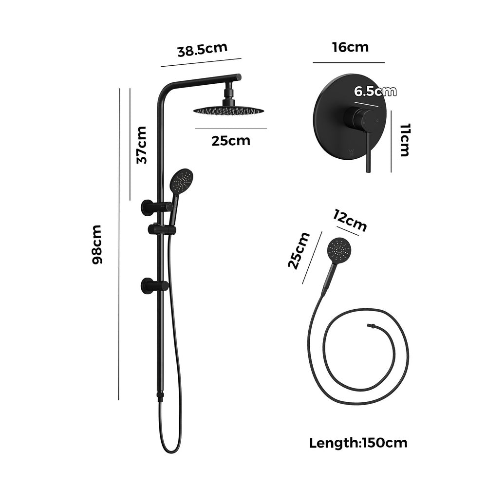 Welba 10" Rain Shower Head Set Round Handheld With Shower Mixer Tap Black-Shower Heads-PEROZ Accessories