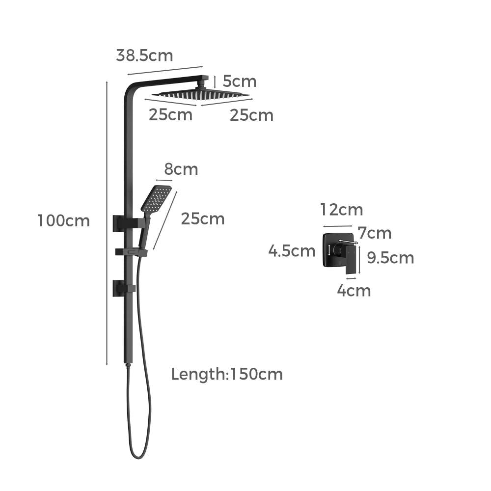 Welba 10" Rain Shower Head Set Square Handheld With Shower Mixer Tap Black-Shower Heads-PEROZ Accessories