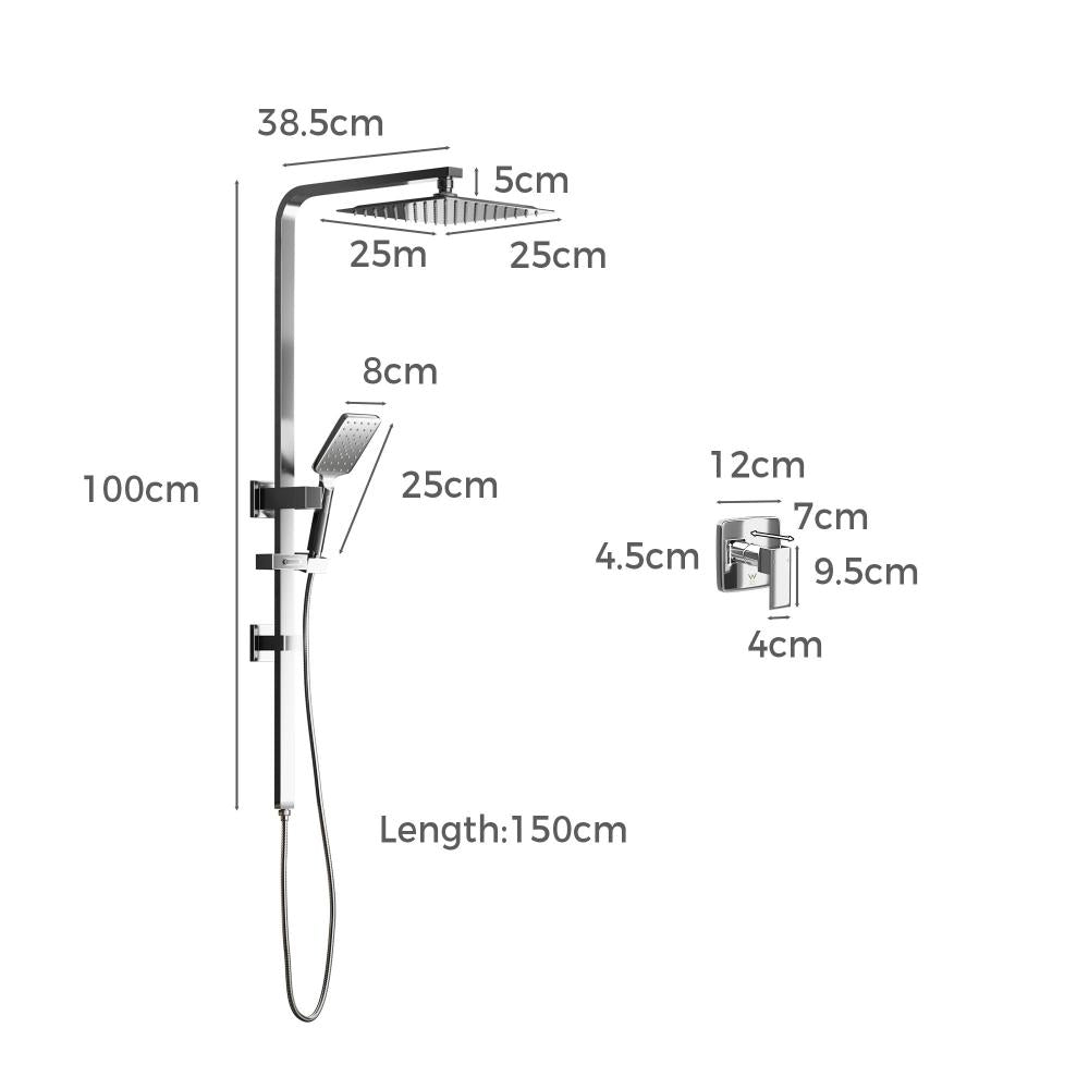 Welba 10" Rain Shower Head Set Square Handheld With Shower Mixer Tap Chrome-Shower Heads-PEROZ Accessories