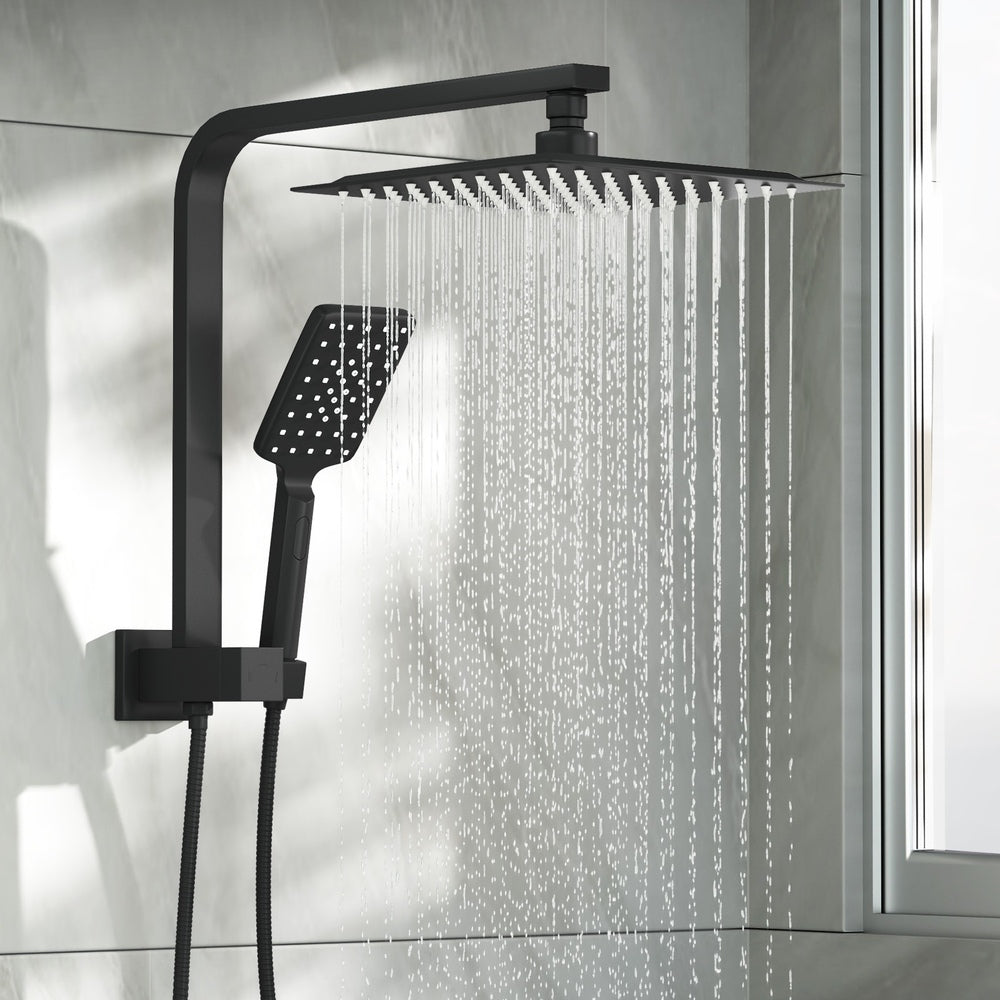 Welba 10" Rain Shower Head Set Square 3-Mode Handheld Shower Gooseneck Black-Shower Heads-PEROZ Accessories