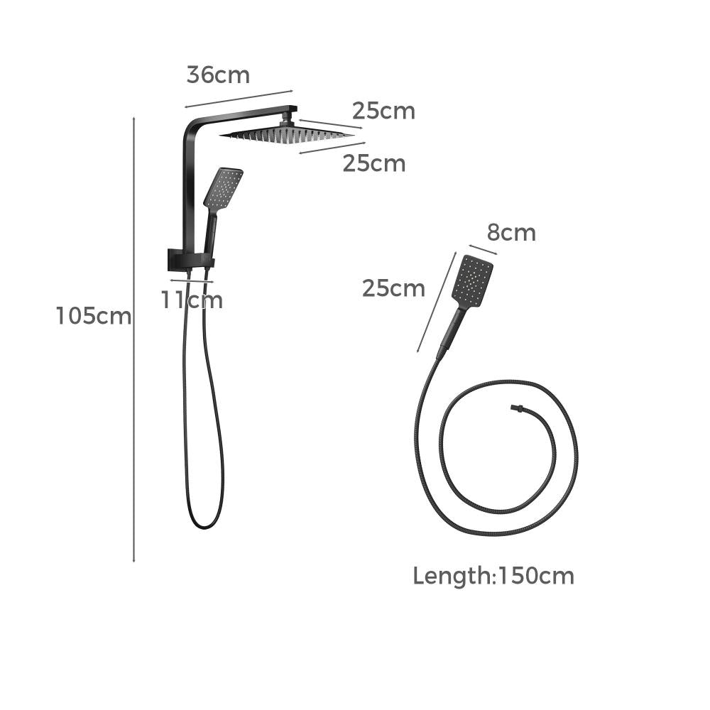 Welba 10" Rain Shower Head Set Square 3-Mode Handheld Shower Gooseneck Black-Shower Heads-PEROZ Accessories
