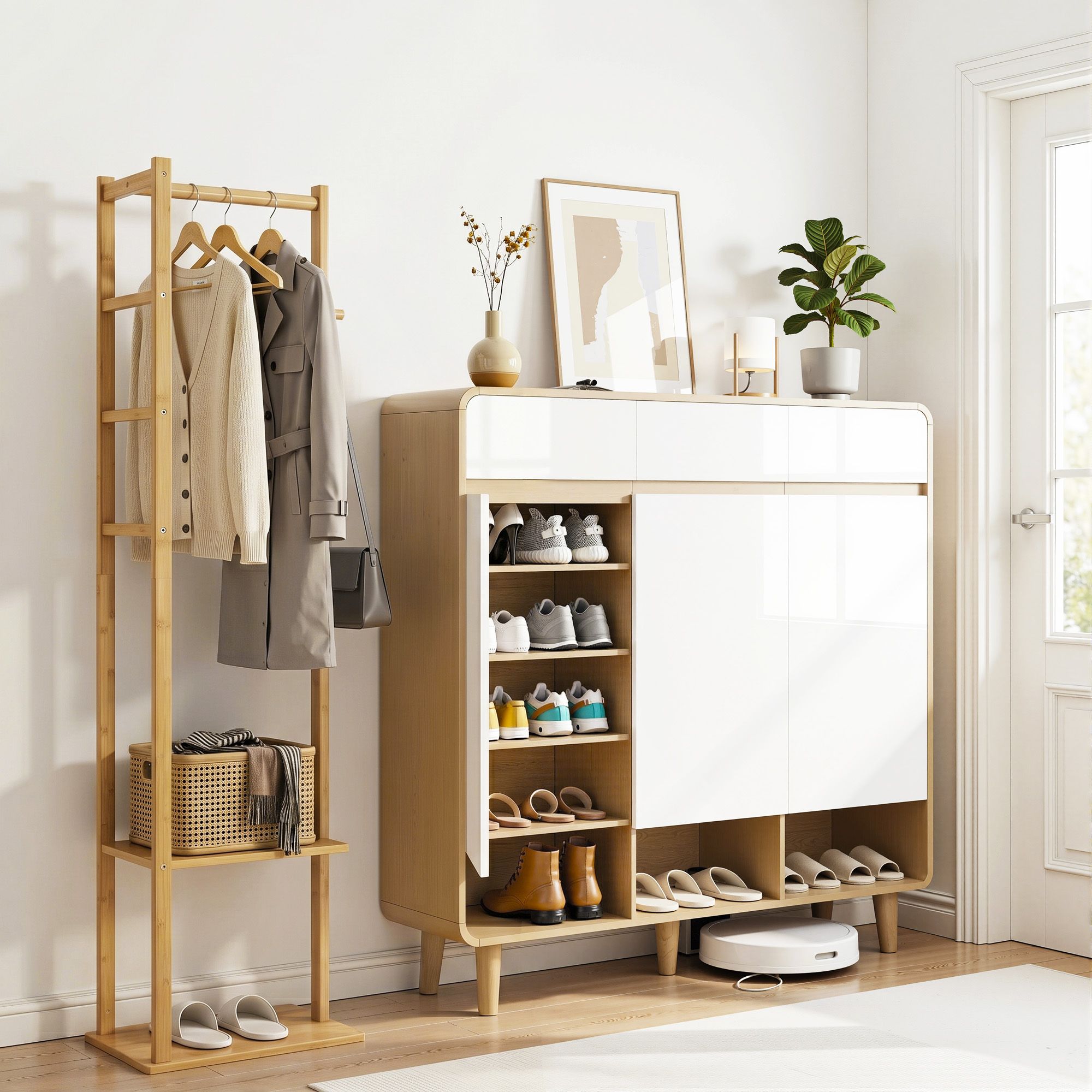 Artiss Shoe Rack Cabinet Wooden & Bamboo Clothes Rack Set Storage Shelf White Pine-Furniture > Living Room > Shoe Storage-PEROZ Accessories